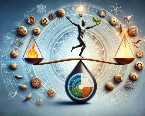 Create a realistic high-definition image that symbolizes the topic 'The Energy Shift: A Revolution or a Gamble?' and embodies the concept of a 'Daring Move'. This could include representations of energy symbols and elements, a balancing act to signify gamble, and transformation symbols to represent revolution.