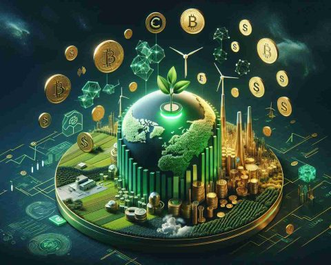 Create a realistic HD visual representation of the concept of 'BlackRock Energy Fund as the Future of Sustainable Investments'. This can include visuals of green lands, advanced technologies, and currency symbols revolving around a 3D model of an energy fund portfolio. The main color scheme revolves around green, symbolizing sustainability, and gold, symbolizing investments. Emphasize the aspects of the transition to clean energy resources.