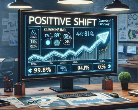 Create a high-definition, realistic image of a stock market alert sign displaying a positive shift message. It specifically mentions Cummins India as the company experiencing the surge. Also, sophisticated graphics like arrow pointers and percentages can be included to visualize the changes occurred today.