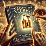 A detailed, high-definition illustration that demonstrates the concept of 'Unlocking the Secret: How Shareholders Get Priority in IPOs'. The image shows two hands, one holding a golden key labeled 'Shareholders', unlocking a padlock symbolizing the 'IPO'. The padlock is situated on the front cover of a glowing book titled 'Stock Market Secrets'. The background should be filled with dull, blurred symbols of various stocks and financial documents, so that the hands, key, and book stand out vividly.