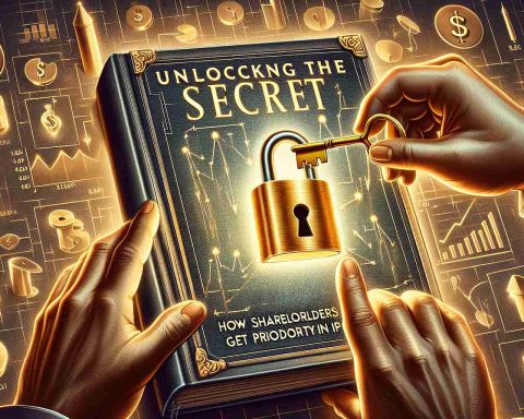 A detailed, high-definition illustration that demonstrates the concept of 'Unlocking the Secret: How Shareholders Get Priority in IPOs'. The image shows two hands, one holding a golden key labeled 'Shareholders', unlocking a padlock symbolizing the 'IPO'. The padlock is situated on the front cover of a glowing book titled 'Stock Market Secrets'. The background should be filled with dull, blurred symbols of various stocks and financial documents, so that the hands, key, and book stand out vividly.