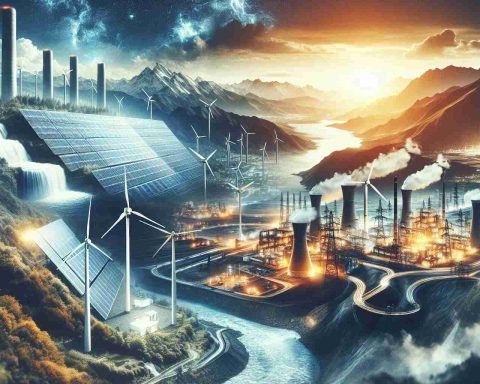 High definition photo representing the shift in global power towards cleaner energy sources. Display a visually striking illustration featuring solar panels shimmering under a bright sky, wind turbines spinning vigorously against a mountainous backdrop, an innovative hydropower installation amidst a rushing river, and a technologically advanced geothermal plant emitting no harmful pollutants. Contrast these with faded images of traditional power sources such as fossil fuel plants and coal mines that seem to be losing prominence, showcasing the inherent race in developing and implementing cleaner and more sustainable energy solutions.