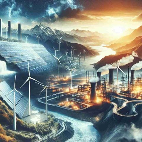 High definition photo representing the shift in global power towards cleaner energy sources. Display a visually striking illustration featuring solar panels shimmering under a bright sky, wind turbines spinning vigorously against a mountainous backdrop, an innovative hydropower installation amidst a rushing river, and a technologically advanced geothermal plant emitting no harmful pollutants. Contrast these with faded images of traditional power sources such as fossil fuel plants and coal mines that seem to be losing prominence, showcasing the inherent race in developing and implementing cleaner and more sustainable energy solutions.