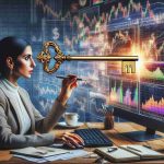 Generate an image that depicts the concept of unlocking the secrets to stock market success. Show a Middle-Eastern woman analyst studiedly examining a computer screen which displays an array of colorful stock market graphs and charts. A large, ornate, golden key should be superimposed onto the screen, symbolizing the 'unlocking' process. Surround her with business-related objects like pens, notebooks, and coffee cups for added realism. Create this image in High-Definition quality, to capture every detail of the scene.