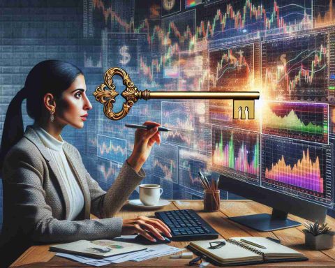 Generate an image that depicts the concept of unlocking the secrets to stock market success. Show a Middle-Eastern woman analyst studiedly examining a computer screen which displays an array of colorful stock market graphs and charts. A large, ornate, golden key should be superimposed onto the screen, symbolizing the 'unlocking' process. Surround her with business-related objects like pens, notebooks, and coffee cups for added realism. Create this image in High-Definition quality, to capture every detail of the scene.