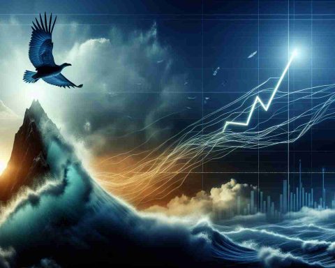 A HD-quality realistic image that depicts the concept of a dramatic and unexpected surge. The metaphorical representation could be a rising tide, a soaring bird, or an escalating mountain peak. There must be a symbolic reference to the financial world, perhaps with a stock market chart on the background, indicating a significant upward trend or jump. All elements should be abstract and not directly linked to any specific company.