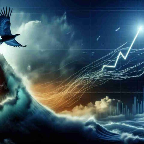 A HD-quality realistic image that depicts the concept of a dramatic and unexpected surge. The metaphorical representation could be a rising tide, a soaring bird, or an escalating mountain peak. There must be a symbolic reference to the financial world, perhaps with a stock market chart on the background, indicating a significant upward trend or jump. All elements should be abstract and not directly linked to any specific company.