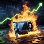 A realistic high-definition image of a metaphoric representation of the phrase 'Nvidia on Fire'. The image should depict a branded Nvidia graphics card engulfed in flames, representing the company's surge in popularity. The background of the image should include elements such as a rising line chart, symbolizing the company's surge in performance.