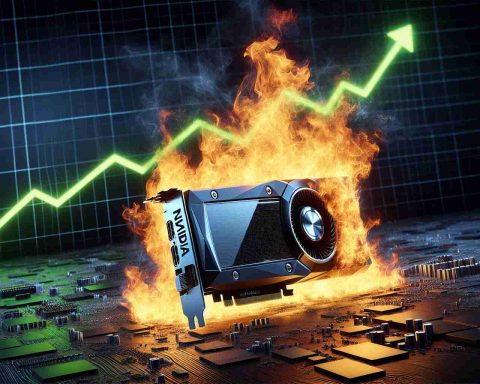 A realistic high-definition image of a metaphoric representation of the phrase 'Nvidia on Fire'. The image should depict a branded Nvidia graphics card engulfed in flames, representing the company's surge in popularity. The background of the image should include elements such as a rising line chart, symbolizing the company's surge in performance.