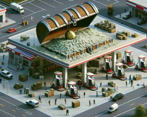 Generate a realistic, high-definition image of a gas station depicted as a giant metaphorical entity. In this image, capture the concept of a hidden fortune or surprising financial revenue stream associated with the gas station. Display features revealing the hoards of secret wealth, such as a treasure chest cleverly disguised as a fuel pump or cash flowing from the service area. Include elements such as customers filling their vehicles, busy workers, and the hustle and bustle of a typical station to add to the realism. Focus more on showing the surprising revenue stream rather than just a plain gas station.