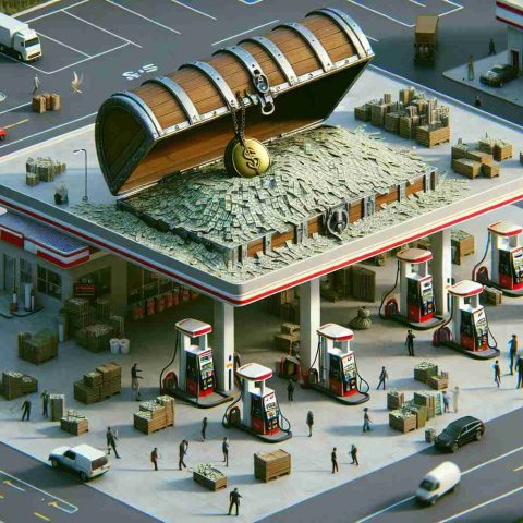 Generate a realistic, high-definition image of a gas station depicted as a giant metaphorical entity. In this image, capture the concept of a hidden fortune or surprising financial revenue stream associated with the gas station. Display features revealing the hoards of secret wealth, such as a treasure chest cleverly disguised as a fuel pump or cash flowing from the service area. Include elements such as customers filling their vehicles, busy workers, and the hustle and bustle of a typical station to add to the realism. Focus more on showing the surprising revenue stream rather than just a plain gas station.