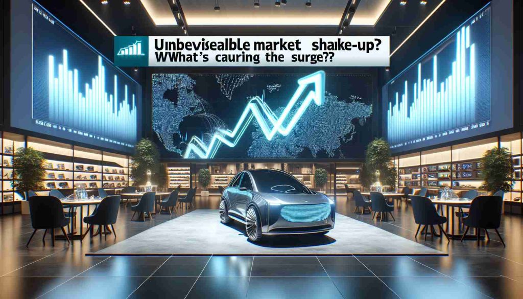 Generate a high definition, realistic image portraying a symbol of innovation, such as a modern electric car in a luxurious showroom, with a market chart in the background that shows a staggering upward trend. Include a news headline in the image as text saying 'Unbelievable Market Shake-Up! What's Causing the Surge?'