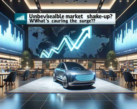 Generate a high definition, realistic image portraying a symbol of innovation, such as a modern electric car in a luxurious showroom, with a market chart in the background that shows a staggering upward trend. Include a news headline in the image as text saying 'Unbelievable Market Shake-Up! What's Causing the Surge?'