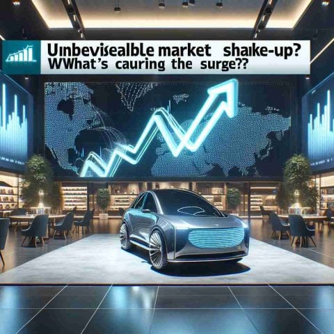 Generate a high definition, realistic image portraying a symbol of innovation, such as a modern electric car in a luxurious showroom, with a market chart in the background that shows a staggering upward trend. Include a news headline in the image as text saying 'Unbelievable Market Shake-Up! What's Causing the Surge?'