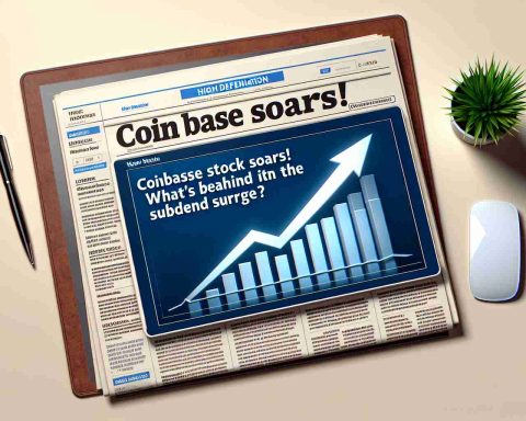 High definition image of a piece of news headline reading 'Coinbase Stock Soars! What's Behind the Sudden Surge?' The news headline is bordered with realistic elements such as a news website layout with placeholder texts in the background. The news piece should look very impactful with a rising arrow graphic overlay.