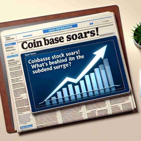 High definition image of a piece of news headline reading 'Coinbase Stock Soars! What's Behind the Sudden Surge?' The news headline is bordered with realistic elements such as a news website layout with placeholder texts in the background. The news piece should look very impactful with a rising arrow graphic overlay.