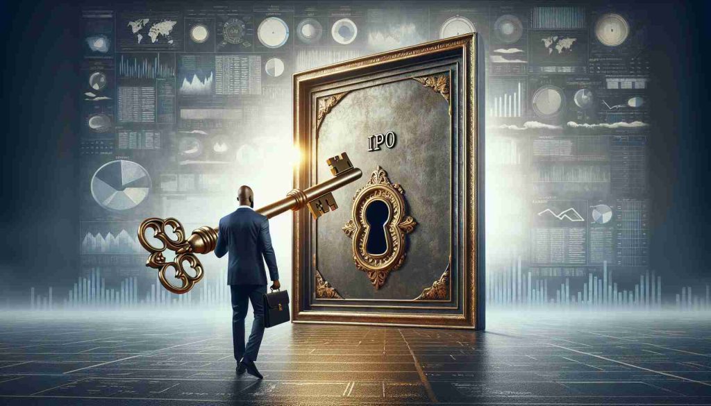 A high definition, realistic image of a metaphorical scene. The backdrop is a grand, gigantic steel door with one keyhole. This door symbolizes the 'BSE Website'. A male, African descent, in a formal business attire is holding an oversized, golden skeleton key marked 'IPO', ready to insert it into the keyhole. Show additional elements such as diagrams, charts, and codes floating around to represent the 'secrets'. Let the entire scene carry a mysterious air, awaiting the reveal of secrets beneath.