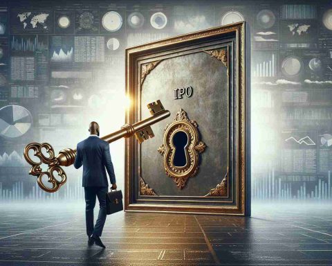 A high definition, realistic image of a metaphorical scene. The backdrop is a grand, gigantic steel door with one keyhole. This door symbolizes the 'BSE Website'. A male, African descent, in a formal business attire is holding an oversized, golden skeleton key marked 'IPO', ready to insert it into the keyhole. Show additional elements such as diagrams, charts, and codes floating around to represent the 'secrets'. Let the entire scene carry a mysterious air, awaiting the reveal of secrets beneath.