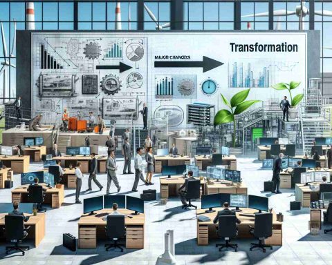 An HD photo symbolic of major changes happening at a generic energy company, represented by rearrangement of furniture in an office depicting transformation. The image may include employees working in different roles, such as engineers studying blueprints, managers analyzing statistical data, and workers operating on machines. The scene could also depict newly implemented sustainable energy sources such as wind turbines and solar panels. The overall atmosphere should suggest an organizational transition.