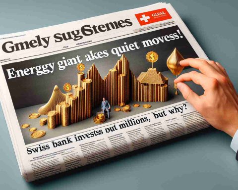 Detailed representation of a newspaper headline reading 'Energy Giant Makes Quiet Moves! Swiss Bank Invests Millions, But Why?' with a professional and realistic HD photo of a metaphorical energy giant (a business magnate perhaps) making careful decisions, and a Swiss bank symbolized as a mountain filled with gold coins to imply its investment of millions.