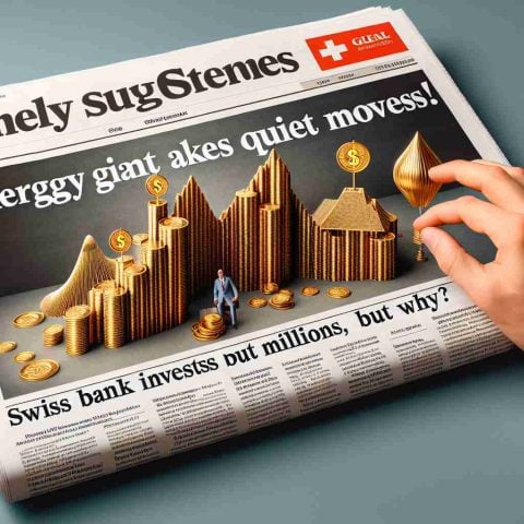 Detailed representation of a newspaper headline reading 'Energy Giant Makes Quiet Moves! Swiss Bank Invests Millions, But Why?' with a professional and realistic HD photo of a metaphorical energy giant (a business magnate perhaps) making careful decisions, and a Swiss bank symbolized as a mountain filled with gold coins to imply its investment of millions.