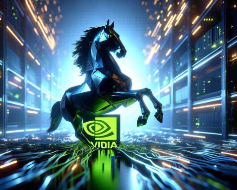 A hyper-realistic 3D rendering reflecting the concept of Nvidia being at the forefront of Quantum Computing. This metaphor could be portrayed as a powerful dark horse, symbolizing Nvidia, breaking free from its competitors amidst a futuristic technological landscape. The ambiance is illuminated by tones of neon blue and green, capturing the essence of computer interfacing and quantum circuitry.