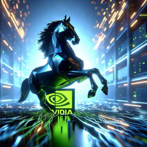 A hyper-realistic 3D rendering reflecting the concept of Nvidia being at the forefront of Quantum Computing. This metaphor could be portrayed as a powerful dark horse, symbolizing Nvidia, breaking free from its competitors amidst a futuristic technological landscape. The ambiance is illuminated by tones of neon blue and green, capturing the essence of computer interfacing and quantum circuitry.