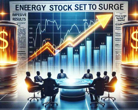 An HD quality, realistic image representing the concept of an energy stock set to surge. There might be a graph depicting the ascending share prices, an upward-pointing arrow accompanying the graph, and a round table of analysts sitting together, all set against exciting financial newspaper headlines such as 'Impressive Results' and 'Price Target Boosted'. The setting could be on a stock market floor or a business office.