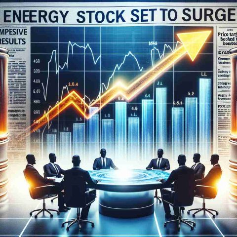 An HD quality, realistic image representing the concept of an energy stock set to surge. There might be a graph depicting the ascending share prices, an upward-pointing arrow accompanying the graph, and a round table of analysts sitting together, all set against exciting financial newspaper headlines such as 'Impressive Results' and 'Price Target Boosted'. The setting could be on a stock market floor or a business office.