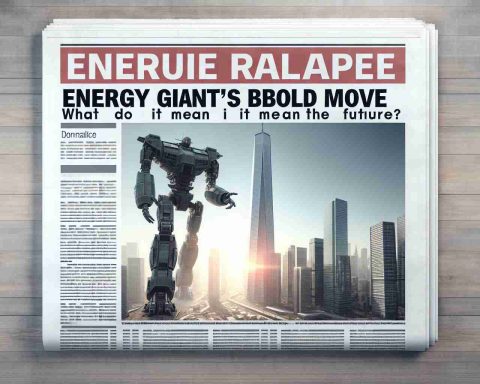 An imagery representation of a headline, 'Energy Giant's Bold Move. What Does it Mean for the Future?' In the foreground, visualise a massive metaphorical image of a giant destroyer robot, representing the 'Energy Giant', taking a significant stride forward in a cityscape. Convey the daunting scale of the robot with skyscrapers for comparison. Add an overlay digital text of the headline in a style befitting a newspaper front page. It looks realistic, and the picture resolution is high-quality giving a feel of HD photo.