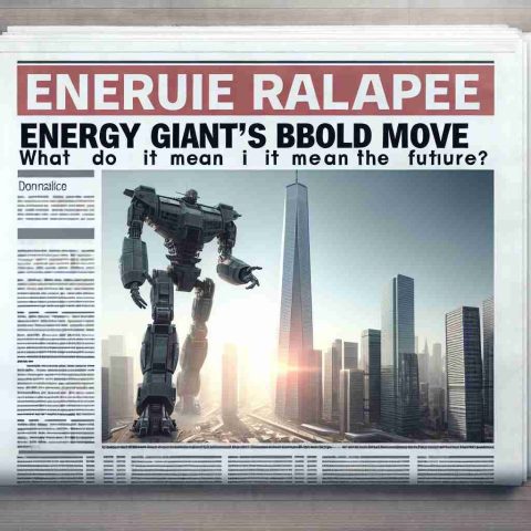 An imagery representation of a headline, 'Energy Giant's Bold Move. What Does it Mean for the Future?' In the foreground, visualise a massive metaphorical image of a giant destroyer robot, representing the 'Energy Giant', taking a significant stride forward in a cityscape. Convey the daunting scale of the robot with skyscrapers for comparison. Add an overlay digital text of the headline in a style befitting a newspaper front page. It looks realistic, and the picture resolution is high-quality giving a feel of HD photo.