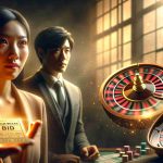 Create a realistic HD image representing a metaphorical scene for 'Your Big Break? Or Just a Lottery?' Show a golden ticket glowing softly in the right hand of a hopeful individual. The individual is a young Asian woman with determination in her eyes. On the left hand, depict a roulette wheel spinning, symbolizing uncertainty and lottery. The background is dimly lit, with spots of sunlight breaking through a single window.