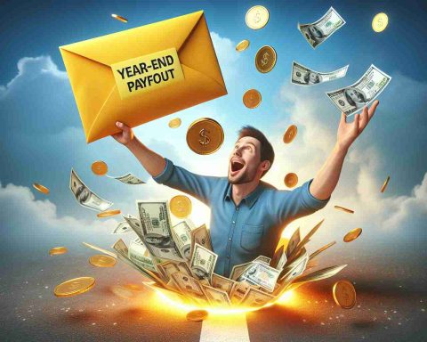 A realistic high-definition image that depicts the metaphor of an 'unexpected windfall'. The focal point is a pile of paper money and gold coins suddenly descending from the sky onto an excited person. The person is already looking surprised and triumphant. A bright envelope labeled 'Year-End Payout' floats down alongside the money, adding to the unexpected happiness.