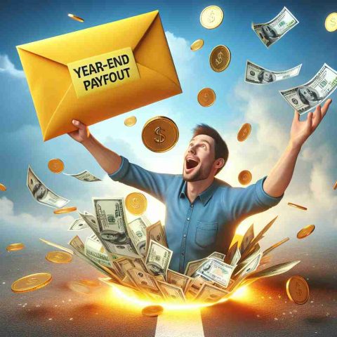 A realistic high-definition image that depicts the metaphor of an 'unexpected windfall'. The focal point is a pile of paper money and gold coins suddenly descending from the sky onto an excited person. The person is already looking surprised and triumphant. A bright envelope labeled 'Year-End Payout' floats down alongside the money, adding to the unexpected happiness.