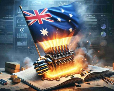 Detailed and realistic HD representation of a metaphorical scene where the Australian industry is depicted like a powerful machine ready to ignite, against a backdrop of documents and icons representing changes in U.S. policy, suggesting potential opportunities ahead.