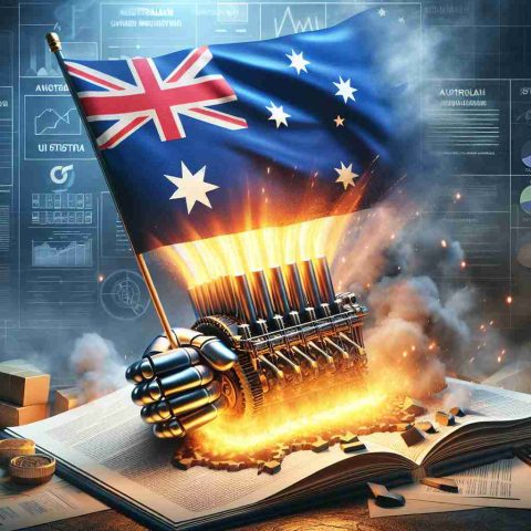 Detailed and realistic HD representation of a metaphorical scene where the Australian industry is depicted like a powerful machine ready to ignite, against a backdrop of documents and icons representing changes in U.S. policy, suggesting potential opportunities ahead.