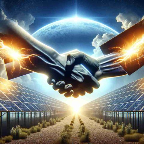 A hyper-realistic high definition image illustrating the announcement of a massive acquisition in the solar industry. This pivotal moment is seen as a game changer, transforming the landscape of renewable energy. The image might incorporate elements indicative of power transfers, such as a dramatic handshake or a stylized document signifying the acquisition, set against a background of towering solar panels gleaming under the sun.