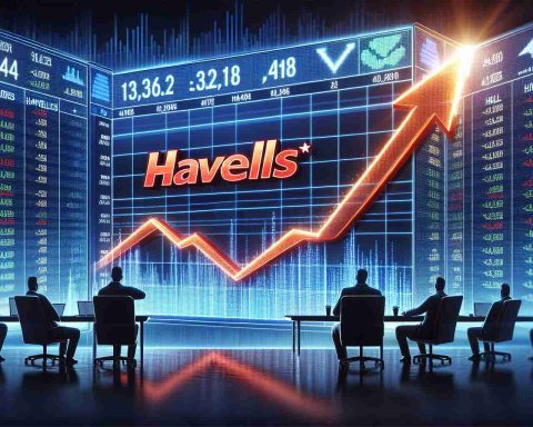 A realistic high-definition image of stock market ticker display showing that 'Havells' shares are climbing upwards, indicating a surge in their value. The scene could also feature some investors looking at these rising numbers, showing interest and anticipation about what's causing this increase. Could contain elements such as stock market charts, financial data streams, share values, and perhaps some symbolic elements like an upward arrow.