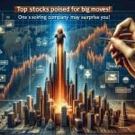 A highly detailed, realistic image featuring a graph depicting stocks on the rise. One specific company's stocks are skyrocketing much more than the others, catching viewer's attention and causing surprise. The background displays financial themed icons and elements. Please add text saying 'Top Stocks Poised for Big Moves! One Soaring Company May Surprise You'.