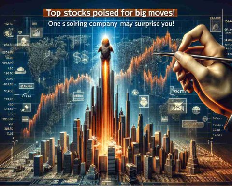 A highly detailed, realistic image featuring a graph depicting stocks on the rise. One specific company's stocks are skyrocketing much more than the others, catching viewer's attention and causing surprise. The background displays financial themed icons and elements. Please add text saying 'Top Stocks Poised for Big Moves! One Soaring Company May Surprise You'.