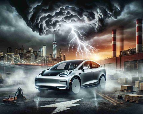 A dramatic and realistic high-definition image depicting financial troubles affecting an unnamed electric vehicle startup. The visual representation could be a stormy sky looming over a sleek, modern electric car, suggesting the struggles within the electric car industry. The company logo is unidentifiable, and the car is unique and not associated with any existing brands. The backdrop may feature a city skyline or a factory to signify the economic landscape. Another element could be a cracked lightning bolt, symbolizing the potential risk to the electric future.