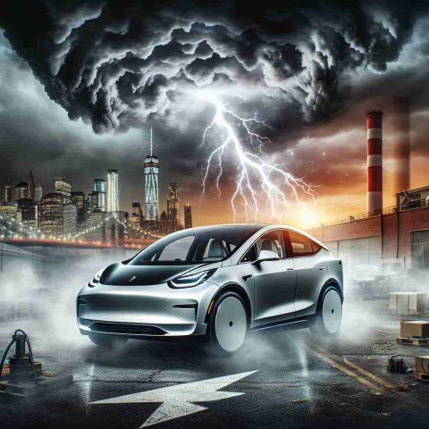 A dramatic and realistic high-definition image depicting financial troubles affecting an unnamed electric vehicle startup. The visual representation could be a stormy sky looming over a sleek, modern electric car, suggesting the struggles within the electric car industry. The company logo is unidentifiable, and the car is unique and not associated with any existing brands. The backdrop may feature a city skyline or a factory to signify the economic landscape. Another element could be a cracked lightning bolt, symbolizing the potential risk to the electric future.