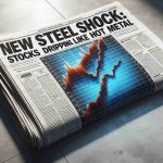 A high-definition, realistic illustration of a newspaper headline that reads 'New Steel Shock: Stocks Dropping Like Hot Metal'. The newspaper is open, revealing this startling headline along with an accompanying chart that visually represents the sudden drop in steel stocks. Shadowing and texturing effects are present to give the newspaper a tangible, real-world feel.