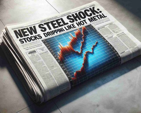 A high-definition, realistic illustration of a newspaper headline that reads 'New Steel Shock: Stocks Dropping Like Hot Metal'. The newspaper is open, revealing this startling headline along with an accompanying chart that visually represents the sudden drop in steel stocks. Shadowing and texturing effects are present to give the newspaper a tangible, real-world feel.