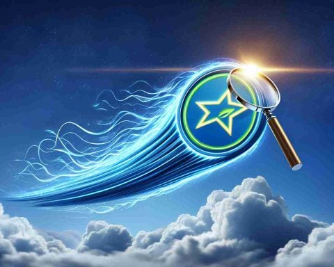 An HD picture illustrating the concept of Energy Star soaring. This abstract concept could be demonstrated through a representation of the Energy Star logo elegantly escalating against a backdrop of a blue sky. Trails of energy should be vividly streaming from it, indicating its drive and momentum. To signify discovery, elements such as a magnifying glass zooming in on the star, or a light bulb glowing brightly nearby could be incorporated. The overall picture should radiate a feeling of progress and environmentally friendly innovation.