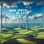 A high-definition, realistic visual interpretation of New England's futuristic vision for wind energy. The image depicts a sprawling landscape with improved, high-tech wind turbines efficiently harvesting wind power across verdant fields. The skies above are clear blue, signifying a pollution-free environment, with the words 'More Power, Less Gas!' emblazoned in bold letters in the sky. All elements of this scene communicate a bold, futuristic vision where renewable wind energy is the dominant power source.