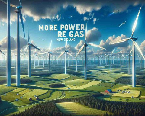 A high-definition, realistic visual interpretation of New England's futuristic vision for wind energy. The image depicts a sprawling landscape with improved, high-tech wind turbines efficiently harvesting wind power across verdant fields. The skies above are clear blue, signifying a pollution-free environment, with the words 'More Power, Less Gas!' emblazoned in bold letters in the sky. All elements of this scene communicate a bold, futuristic vision where renewable wind energy is the dominant power source.