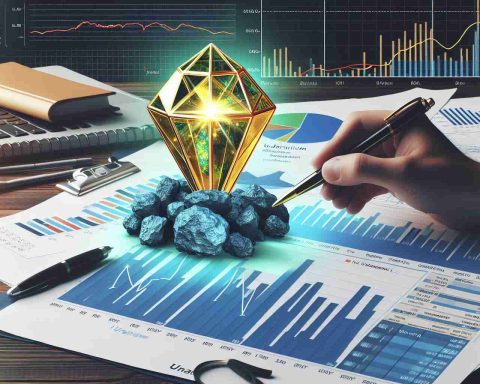 Generate a realistic High Definition photo featuring an underappreciated uranium gem surrounded by financial analysis reports and graphs, giving the impression that it might be undervalued.