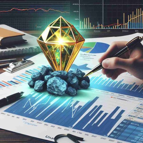 Generate a realistic High Definition photo featuring an underappreciated uranium gem surrounded by financial analysis reports and graphs, giving the impression that it might be undervalued.