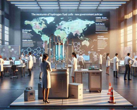 Realistic high-definition image of a concept depicting the return of hydrogen fuel cells as an energy source, supported by new government policies. The scene should entail an advanced laboratory with researchers of mixed gender and various descents like Hispanic, Middle-Eastern, and South Asian actively participating in the development of these fuel cells. In the background, there should be a wall with a map showcasing countries providing government support for this technology. The colors should be vibrant yet realistic, capturing the optimism and forward momentum in this field of research.